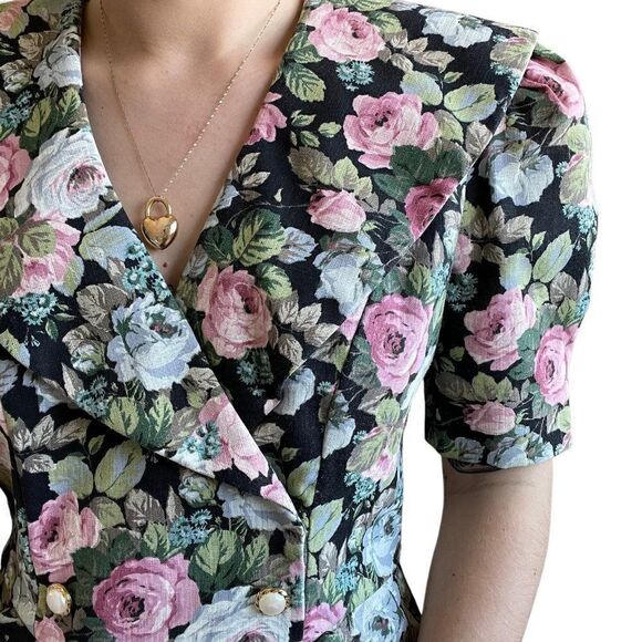 Jessica Howard 80s Dark Floral Secretary Boho Prairie Retro Mini Dress Sz M - Picture 5 of 11